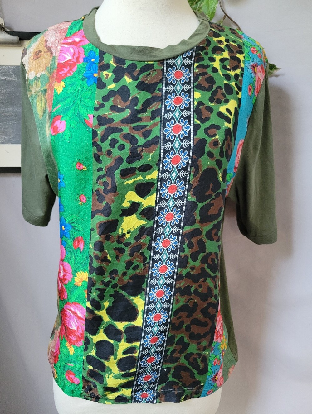 Pierre Louis Mascia Silk Patchwork Print Short Sleeve Top L